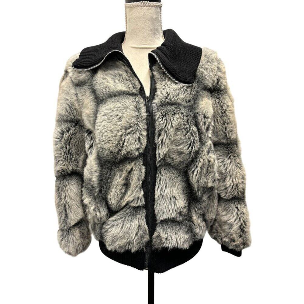Women's Vintage Faux Fur Patchwork Black and Grey Jacket With Black Knit Collar